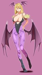Rule 34 | 1girl, ;), animal print, bare shoulders, bat print, bat wings, blonde hair, breasts, bridal gauntlets, brown eyes, cleavage, clothing cutout, cosplay, covered erect nipples, covered navel, finger to mouth, fushimi yuyu, graphite (medium), hand on own hip, head wings, heart cutout, highres, large breasts, leotard, long hair, looking at viewer, low twintails, mechanical pencil, morrigan aensland, morrigan aensland (cosplay), one eye closed, pantyhose, pencil, print pantyhose, purple background, purple pantyhose, salad tokutaro, smile, solo, standing, standing on one leg, traditional media, twintails, usotsuki mii-kun to kowareta maa-chan, vampire (game), wings