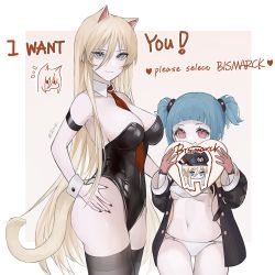 Rule 34 | 2girls, absurdres, animal ears, armband, azur lane, between breasts, bikini, bismarck (azur lane), black jacket, black legwear, black leotard, blonde hair, blue eyes, blue hair, breasts, cat ears, cat tail, chinese commentary, cleavage, commentary request, detached collar, english text, fang, from side, gloves, hair between eyes, highres, jacket, kemonomimi mode, kittysuit, large breasts, leotard, long hair, looking at viewer, multiple girls, nail polish, necktie, necktie between breasts, nontraditional playboy bunny, open mouth, playboy bunny, rae (632230212), red eyes, red gloves, red nails, red neckwear, short hair, short twintails, smile, standing, strapless, swimsuit, tail, thighhighs, tube top, twintails, u-556 (azur lane), very long hair, wrist cuffs