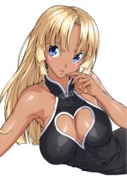Rule 34 | 1girl, adjusting clothes, angela carat, bare shoulders, blonde hair, blue eyes, breasts, cleavage, cleavage cutout, clothing cutout, dark-skinned female, dark skin, female focus, highres, large breasts, long hair, looking at viewer, lying, open mouth, ozaneko, shiny skin, simple background, smile, solo, white background, yu-gi-oh!, yu-gi-oh! tag force