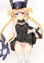 Rule 34 | 1girl, animal ears, bandaid, bare shoulders, black dress, black hat, black scarf, blonde hair, blush, breasts, closed mouth, clothes lift, commentary request, dress, dress lift, fake animal ears, garter straps, girls&#039; frontline, gluteal fold, gmkj, hair ornament, hair rings, hat, highres, holding, holding stuffed toy, legs apart, looking at viewer, official alternate costume, panties, peaked cap, purple eyes, rabbit ears, scarf, simple background, small breasts, solo, sr-3mp (bunny macchiato) (girls&#039; frontline), sr-3mp (girls&#039; frontline), standing, stuffed animal, stuffed toy, thighhighs, tongue, tongue out, twintails, underwear, white background, white panties, white thighhighs