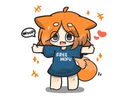 Rule 34 | +++, 1girl, :d, afterimage, ahoge, barefoot, blue shirt, blush stickers, chibi, clothes writing, commentary, english commentary, english text, fang, full body, grey eyes, heart, highres, open mouth, orange hair, original, parted bangs, romaji text, shadow, shirt, short eyebrows, short sleeves, smile, solo, standing, tail, tail wagging, thick eyebrows, uni souchou