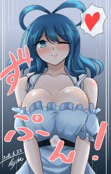 Rule 34 | 1girl, absurdres, bare shoulders, blue background, blue dress, blue eyes, blue hair, blush, bouncing breasts, breasts, cleavaage, cleavage, collarbone, commentary request, dated, detached sleeves, dress, flower, frills, heart, highres, hisin, implied sex, kaku seiga, large breasts, looking at viewer, motion lines, one eye closed, puffy short sleeves, puffy sleeves, short sleeves, signature, solo, sound effects, spoken heart, sweatdrop, touhou, upper body
