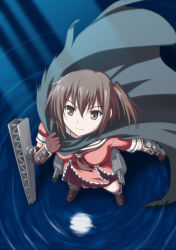 Rule 34 | &gt;:), 10s, 1girl, aircraft catapult, bad id, bad pixiv id, brown eyes, brown hair, brown skirt, cape, elbow gloves, from above, gloves, kantai collection, moon, neckerchief, night, pleated skirt, reflection, sailor collar, sendai (kancolle), skirt, smile, solo, spaghe (kyoumospaghe), standing, standing on liquid, two side up, v-shaped eyebrows