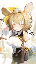 Rule 34 | 1girl, absurdres, animal ears, arknights, arm at side, arm up, bare shoulders, blonde hair, blush, breasts, brown skirt, cleavage, cleavage cutout, closed mouth, clothing cutout, cowboy shot, dorothy (arknights), gloves, hair intakes, hair over shoulder, hat, highres, hourglass, large breasts, long hair, looking at viewer, low ponytail, mican12996453, mouse ears, short sleeves, side slit, skirt, smile, solo, tassel, white hat, yellow eyes, yellow gloves