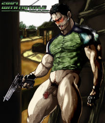 Rule 34 | 1boy, against wall, beard, blush, body hair, bottomless, brown hair, chris redfield, facial hair, gloves, gun, male focus, muscular, nikku (with no title), outdoors, pectorals, penis, public indecency, resident evil, solo focus, sweat, teeth, testicles, tongue, weapon