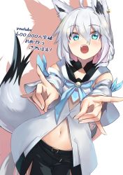 Rule 34 | 1girl, ahoge, animal ears, aqua eyes, armpit crease, black shorts, blush, braid, breasts, commentary, cowboy shot, detached sleeves, double fox shadow puppet, earrings, foreshortening, fox ears, fox shadow puppet, fox tail, hair between eyes, highres, hololive, hood, hoodie, jewelry, long hair, looking at viewer, midriff, navel, open mouth, outstretched hand, shadow, shimotsuki shio, shirakami fubuki, shirakami fubuki (1st costume), short shorts, shorts, side braid, silver hair, simple background, small breasts, smile, solo, tail, virtual youtuber, white background, white hoodie