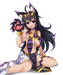 Rule 34 | 10s, 1girl, ahoge, animal ears, animal hands, armpits, bare shoulders, bastet (monster strike), black hair, breasts, cat ears, cat girl, cat tail, center opening, cleavage, collar, egyptian, fang, gradient hair, hair ornament, highres, jewelry, kurokage, large breasts, long hair, looking at viewer, midriff, monster strike, multicolored hair, navel, open mouth, paw pose, purple eyes, simple background, sitting, smile, solo, tail, wariza