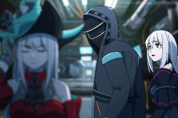 Rule 34 | 1other, 2girls, adjusting clothes, adjusting headwear, aqua gloves, aqua hat, arknights, arm cuffs, artist name, ascot, bare shoulders, black ascot, black jacket, breasts, closed mouth, commentary request, dated, detached sleeves, distracted boyfriend (meme), doctor (arknights), dress, elite ii (arknights), gloves, hair between eyes, hat, headgear, hood, hood up, hooded jacket, indoors, jacket, long hair, long sleeves, looking at another, medium breasts, meme, mochusama1, multiple girls, no headwear, official alternate costume, open mouth, red dress, red eyes, silver hair, skadi (arknights), skadi (elite ii) (arknights), skadi the corrupting heart (arknights), solo, upper body, very long hair, visor