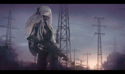 Rule 34 | 1girl, absurdres, ak-12, ak-12 (girls&#039; frontline), assault rifle, black gloves, black ribbon, braid, breasts, cityscape, closed mouth, dusk, film grain, french braid, gas mask, girls&#039; frontline, gloves, glowing, glowing eyes, gun, highres, holding, holding gun, holding weapon, huge filesize, ita (itta), jacket, kalashnikov rifle, letterboxed, long hair, long sleeves, looking at viewer, mask, medium breasts, outdoors, ponytail, power lines, purple eyes, ribbon, rifle, scenery, sidelocks, silver hair, solo, sunset, very long hair, weapon