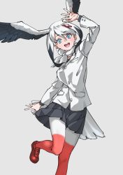 Rule 34 | 1girl, :d, absurdres, arm up, bird tail, black hair, black skirt, blue eyes, commentary, grey background, hair ornament, hairclip, head wings, highres, jacket, kemono friends, long sleeves, looking at viewer, open mouth, oriental stork (kemono friends), pantyhose, pleated skirt, red footwear, red pantyhose, shoes, short hair, sidelocks, simple background, skirt, smile, solo, tail, tanabe (fueisei), two-tone legwear, white hair, white jacket, white pantyhose, wings