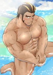 Rule 34 | 1boy, abs, absurdres, bara, beard, black hair, blonde hair, blush, body hair, chest hair, facial hair, highres, large pectorals, long sideburns, looking at viewer, male focus, manly, multicolored hair, muscular, nipples, pectorals, sideburns, solo, streaked hair, stubble, thick eyebrows, thighs, tokyo houkago summoners, upper body, yamasachihiko (housamo)
