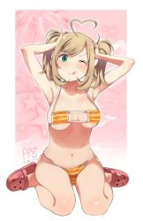 Rule 34 | 1girl, ;q, ahoge, armpits, arms up, beach, bikini, blush, breasts, closed mouth, cloud, collarbone, colored stripes, crocs, dated, eyepatch bikini, full body, green eyes, heart, heart ahoge, idolmaster, idolmaster cinderella girls, large breasts, looking at viewer, one eye closed, outline, outside border, palm tree, pink background, red footwear, rkrk, sato shin, shiny skin, short hair, short twintails, sidelocks, signature, sitting, skindentation, smile, solo, star (symbol), striped bikini, striped clothes, swept bangs, swimsuit, tongue, tongue out, tree, twintails, underboob, v-shaped eyebrows, wariza, white outline