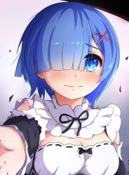 Rule 34 | 1girl, absurdres, asymmetrical hair, bad id, bad pixiv id, black bow, black ribbon, blue eyes, blue hair, blurry, blurry foreground, blush, bow, breasts, cleavage, closed mouth, crying, crying with eyes open, detached sleeves, dress, facing viewer, frilled dress, frilled shirt collar, frilled sleeves, frills, hair between eyes, hair ornament, hair over one eye, hairpin, highres, looking at viewer, maid, medium breasts, outstretched arm, pugpuggy, re:zero kara hajimeru isekai seikatsu, reaching, reaching towards viewer, rem (re:zero), ribbon, self-upload, short hair, smile, solo, tears, upper body, wide sleeves, x hair ornament
