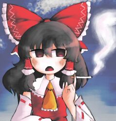 Rule 34 | 1girl, absurdres, ascot, black hair, blush, bow, cigarette, collared shirt, commentary, detached sleeves, english commentary, frilled bow, frilled hair tubes, frilled shirt collar, frills, hair bow, hair tubes, hakurei reimu, hand up, highres, holding, holding cigarette, iesonatana, long hair, long sleeves, looking to the side, open mouth, red bow, red eyes, red shirt, ribbon-trimmed sleeves, ribbon trim, shirt, sidelocks, sideways glance, sleeveless, sleeveless shirt, smoke, smoking, solo, touhou, upper body, white sleeves, yellow ascot
