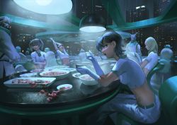 Rule 34 | 4girls, 6+others, absurdres, alien, black hair, blonde hair, blood, bowl, building, chair, city, crop top, eating, food, gloves, halo, highres, kanikumi toi, mask, meat, multiple girls, multiple others, original, pants, plate, ponytail, restaurant, science fiction, short hair, sitting, skyscraper, spoon, stretching, table, twintails, waiter, white gloves