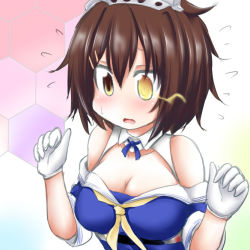 Rule 34 | 1girl, :o, blue background, blue neckerchief, blue shirt, breasts, brown hair, cleavage, commentary request, cosplay, embarrassed, fletcher (kancolle), fletcher (kancolle) (cosplay), furutaka (kancolle), gloves, hairband, headgear, honeycomb (pattern), honeycomb background, kantai collection, medium breasts, multicolored background, neckerchief, off shoulder, open mouth, ouno (nounai disintegration), pink background, sailor collar, school uniform, serafuku, shirt, sidelocks, solo, sweatdrop, trait connection, white gloves, white sailor collar, yellow neckerchief