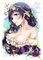 Rule 34 | 1girl, aqua eyes, bad id, bad twitter id, bare shoulders, blush, braid, breasts, celery 411, character name, cleavage, commentary request, crown, dated, flower, frills, from side, grin, hair flower, hair ornament, hair over shoulder, hair vines, happy birthday, highres, large breasts, long hair, looking at viewer, love live!, love live! school idol festival, love live! school idol project, mini crown, off shoulder, purple hair, single braid, smile, solo, tojo nozomi, twitter username, upper body