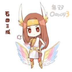 Rule 34 | 1girl, armor, armored boots, text background, bare shoulders, boots, brown eyes, brown hair, character name, closed mouth, commentary request, copyright name, copyright request, dress, gradient wings, hands on own hips, head tilt, headband, long hair, looking at viewer, maodouzi, multicolored wings, pauldrons, shoulder armor, simple background, single pauldron, solo, standing, translation request, very long hair, white background, white dress, winged footwear, wings