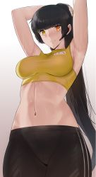 Rule 34 | 1girl, absurdres, armpits, arms behind head, black hair, blush, breasts, closed mouth, commission, earpiece, feet out of frame, from below, girls&#039; frontline, hand on own head, hand up, heterochromia, highres, long hair, looking at viewer, medium breasts, micchan (micchanmeido), navel, orange eyes, pants, pixiv commission, ponytail, presenting armpit, ro635 (girls&#039; frontline), solo, sports bra, sportswear, standing, stomach, sweat, white background, yellow eyes, yellow sports bra, yoga pants