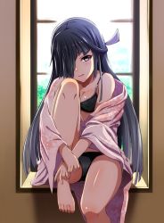 Rule 34 | 10s, 1girl, alternate costume, barefoot, black bra, black hair, black panties, bondo (borndragon), bra, breasts, cleavage, hair over one eye, hair ribbon, hayashimo (kancolle), hime cut, japanese clothes, kantai collection, long hair, long sleeves, looking at viewer, medium breasts, open mouth, panties, purple eyes, ribbon, sitting, smile, solo, toes, underwear, white ribbon, wide sleeves, window