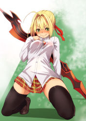 Rule 34 | 10s, 1girl, aestus estus, ahoge, black thighhighs, blonde hair, blush, bra, breasts, fang, fang out, fate/extra, fate (series), fu-ta, full body, furrowed brow, green eyes, kneeling, loafers, looking at viewer, medium breasts, nero claudius (fate), nero claudius (fate) (all), nero claudius (fate/extra), pleated skirt, red bra, school uniform, shoes, skirt, smile, solo, sword, thighhighs, underwear, wavy mouth, weapon