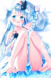 Rule 34 | 1girl, absurdres, ahoge, amatsuka uto, anzu yotsuba, blue eyes, blue hair, blue ribbon, blue skirt, blush, bubble, clenched hands, clothes between thighs, collarbone, dress, feet, frills, highres, indie virtual youtuber, layered clothes, layered dress, light blue hair, long hair, off shoulder, open mouth, ribbon, shoulder strap, skirt, two side up, virtual youtuber, white dress