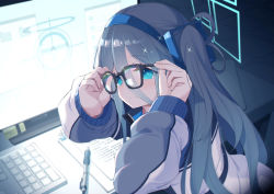Rule 34 | 1girl, aris (blue archive), blue archive, blue eyes, blue hair, blue hairband, closed mouth, glasses, hair between eyes, hairband, halo, jacket, keyboard (computer), long hair, long sleeves, looking at viewer, mishima hiroji, monitor, pen, smile, solo
