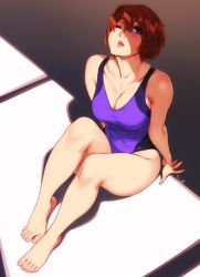 Rule 34 | 1girl, barefoot, blush, breasts, brown hair, cleavage, feguimel, full body, highres, large breasts, looking at viewer, one-piece swimsuit, one eye closed, original, parted lips, purple eyes, short hair, sitting, solo, sue (feguimel), swimsuit, teeth