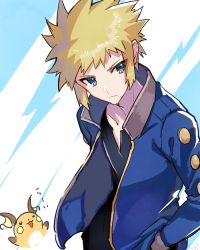 Rule 34 | 1boy, black shirt, blonde hair, blue eyes, blue jacket, closed mouth, collarbone, commentary request, creatures (company), game freak, gen 1 pokemon, gym leader, hand in pocket, jacket, long sleeves, looking to the side, nintendo, pokemon, pokemon (creature), pokemon dppt, raichu, shirt, spiked hair, tpi ri, volkner (pokemon)