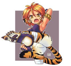Rule 34 | 1girl, animal ears, arm up, armlet, bottomless, breath of fire, breath of fire ii, brown eyes, claws, fang, female focus, fighting stance, fingerless gloves, gloves, kicking, mawaru (mawaru), monster girl, open mouth, orange hair, rinpoo chuan, short hair, skin fang, slit pupils, solo, standing, standing on one leg, tail, tiger ears, tiger tail, toeless legwear