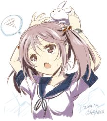 Rule 34 | 10s, 1girl, akazawa red, animal, animal on head, artist name, bad id, bad pixiv id, rabbit, dated, hair bobbles, hair ornament, half updo, hand up, head tilt, kantai collection, on head, outstretched arms, pink eyes, pink hair, sazanami (kancolle), school uniform, serafuku, short hair, short sleeves, sketch, solo, spoken squiggle, squiggle, sweatdrop, tareme, twintails, upper body, white background