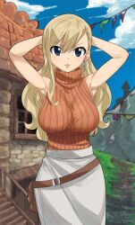 Rule 34 | 1girl, armpits, arms behind head, blonde hair, blue eyes, breasts, colorized, earrings, eden&#039;s zero, female focus, gaston18, highres, jewelry, large breasts, long hair, mashima hiro, rebecca bluegarden, solo