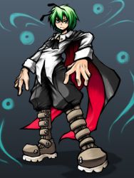 Rule 34 | 1boy, antennae, arita hino, bad id, bad pixiv id, boots, bug, cape, firefly, genderswap, genderswap (ftm), gradient background, green eyes, green hair, grey background, highres, insect, male focus, matching hair/eyes, pants, short hair, simple background, solo, touhou, wriggle nightbug