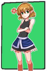 Rule 34 | 1girl, anger vein, black shirt, black skirt, blonde hair, blush, border, closed mouth, commentary request, crossed arms, feet out of frame, green background, green eyes, looking at viewer, lowres, mizuhashi parsee, outside border, pixel art, pointy ears, shirt, short hair, skirt, smile, solo, touhou, unk kyouso, white border