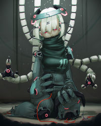 Rule 34 | 1girl, absurdres, android, bodysuit, cable, commentary, fxx, half-closed eyes, highres, mecha, mechanical arms, mechanical parts, original, red eyes, robot, sitting, solo, tentacles, white hair