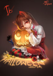 Rule 34 | 1girl, brown hair, christon-clivef, closed mouth, commentary request, dress, flower, halloween, highres, ib (ib), ib (kouri), long hair, looking at viewer, red eyes, rose, simple background