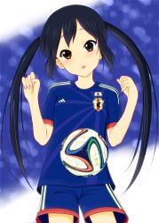 Rule 34 | 1girl, 2014 fifa world cup, absurdres, bad id, bad pixiv id, black hair, brown eyes, highres, hiro9779, japan, japanese flag, k-on!, long hair, looking at viewer, nakano azusa, open mouth, soccer, soccer uniform, solo, sportswear, twintails, world cup