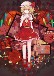 Rule 34 | 1girl, argyle, argyle background, argyle clothes, ascot, berry, blonde hair, bug, butterfly, charm (object), clock, dead blue, dead line, diamond (shape), flandre scarlet, flower, footwear ribbon, frilled skirt, frills, full body, full moon, gem (symbol), grey background, hand on own chest, hat, hat ribbon, heart, highres, insect, key, kirisame marisa, leg ribbon, looking at viewer, mary janes, md5 mismatch, mob cap, moon, pale skin, photo (object), red eyes, red flower, red rose, resolution mismatch, ribbon, roman numeral, rose, shoes, short hair, side ponytail, skirt, skirt set, skull, smile, solo, source smaller, standing, stuffed animal, stuffed toy, teddy bear, touhou, wings