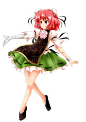 Rule 34 | 1girl, bandages, blush, bracelet, double bun, female focus, flower, full body, hair bun, hair ornament, huyusilver, ibaraki kasen, jewelry, outstretched arm, pink hair, red eyes, shoes, short hair, short sleeves, simple background, skirt, smile, solo, tabard, touhou, white background, zun (style)