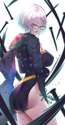 Rule 34 | 1girl, ass, black dress, blue eyes, breasts, dated, dress, fate/grand order, fate (series), from side, glasses, grey hair, highres, hood, hoodie, jacques de molay (foreigner) (fate), large breasts, lips, looking at viewer, motoi (dizziness), one eye closed, short dress, side slit, twitter username
