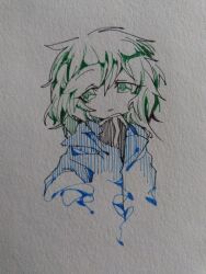 Rule 34 | 1other, androgynous, ballpoint pen (medium), black shirt, blue jacket, chinese commentary, commentary request, green eyes, green hair, hood, hood down, hooded jacket, jacket, len&#039;en, ling s, medium hair, other focus, parted lips, shirt, shitodo aoji, simple background, solo, traditional media, white background