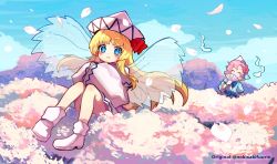 Rule 34 | 2girls, ^ ^, blonde hair, blue eyes, blue kimono, blue sky, cherry blossoms, closed eyes, closed mouth, cloud, derivative work, fairy wings, field, flower, flower field, folding fan, full body, hair flower, hair ornament, hand fan, highres, holding, holding fan, howhow notei, japanese clothes, kimono, lily white, long hair, long sleeves, multiple girls, outdoors, petals, pink hair, red flower, saigyouji yuyuko, sitting, sky, smile, touhou, transparent wings, triangular headpiece, white footwear, white headwear, wings