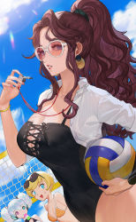 Rule 34 | 3girls, 8 beat story, aqua eyes, ball, bikini, blonde hair, blue eyes, blue sky, breasts, bright pupils, character request, cleavage, commentary request, cross-laced clothes, day, dutch angle, earrings, eating, ekao, eyewear on head, food, glint, heterochromia, highres, holding, holding ball, holding whistle, jewelry, lens flare, long hair, medium breasts, multiple girls, nail polish, one-piece swimsuit, open clothes, open shirt, outdoors, parted lips, pink-tinted eyewear, pink eyes, pink nails, ponytail, popsicle, purple lips, shirt, short sleeves, sidelocks, silver hair, sky, solo focus, sunglasses, sunlight, swimsuit, tinted eyewear, twintails, volleyball, volleyball (object), volleyball net, wavy hair, whistle, whistle around neck, white-framed eyewear, white shirt, wristband