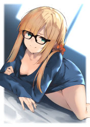 Rule 34 | 1girl, amagasa yun, backlighting, black-framed eyewear, blonde hair, blue shirt, blurry, blurry background, blush, breasts, closed mouth, collarbone, fate (series), glasses, green eyes, hair ornament, hair scrunchie, highres, long hair, long sleeves, looking at viewer, lord el-melloi ii case files, lying, on stomach, reines el-melloi archisorte, scrunchie, shirt, small breasts, smile, solo, thighs, window