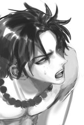 Rule 34 | 1boy, bead necklace, beads, black hair, freckles, greyscale, jewelry, kenith21, male focus, monochrome, necklace, one piece, open mouth, portgas d. ace, topless male