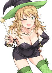 Rule 34 | 1girl, ;d, bent over, black dress, black sleeves, blonde hair, bracelet, breasts, cleavage, collarbone, cowboy shot, detached sleeves, dress, dutch angle, earrings, green eyes, green thighhighs, hair between eyes, halloween costume, hand on own hip, highres, holding, holding wand, hoshii miki, idolmaster, idolmaster (classic), jewelry, long hair, long sleeves, looking at viewer, medium breasts, necklace, one eye closed, open mouth, shiny clothes, short dress, simple background, sleeveless, sleeveless dress, smile, solo, standing, star (symbol), star earrings, star necklace, strapless, strapless dress, thighhighs, tsurui, tube dress, wand, white background, witch, zettai ryouiki