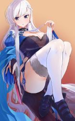 Rule 34 | 1girl, absurdres, azur lane, belfast (azur lane), belfast (iridescent rosa) (azur lane), belfast (iridescent rosa) (azur lane), blue eyes, braid, breasts, broken, broken chain, chain, china dress, chinese clothes, cleavage, cleavage cutout, clothing cutout, collar, dress, earrings, french braid, gradient background, hand fan, high heels, highres, holding, holding fan, jewelry, large breasts, long hair, looking to the side, marumai, panties, pelvic curtain, side-tie panties, sidelocks, sitting, thighs, underwear, very long hair, white hair, white legwear