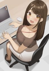 Rule 34 | 1girl, badge, black footwear, blush, breasts, brown eyes, brown hair, brown pantyhose, brown shirt, chair, cleavage, collarbone, commentary request, computer, earrings, from above, full body, hair behind ear, happy, heel pop, high heels, highres, id card, jewelry, lanyard, laptop, large breasts, long hair, looking at viewer, mouse (computer), name tag, necklace, office chair, office lady, ol-chan (ol mahonanoka), ol mahonanoka, on chair, open mouth, original, pantyhose, pencil skirt, shirt, short sleeves, sitting, skirt, solo, swept bangs, swivel chair, white skirt