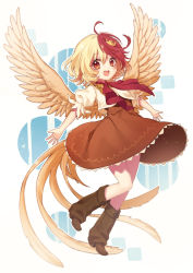 Rule 34 | 1girl, :d, ahoge, animal, animal on head, bare legs, bird, blonde hair, blush, boots, brown dress, brown footwear, chick, commentary request, dress, feathered wings, full body, hair between eyes, highres, kyouda suzuka, looking at viewer, multicolored hair, niwatari kutaka, on head, open mouth, puffy short sleeves, puffy sleeves, red eyes, red hair, red neckwear, shirt, short dress, short hair, short sleeves, smile, solo, touhou, two-tone hair, white background, white shirt, wings, yellow wings