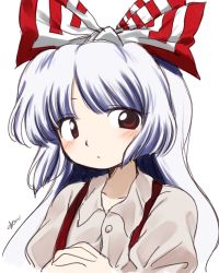 Rule 34 | 1girl, blush, bow, buttons, closed mouth, collar, collared shirt, fujiwara no mokou, hands up, long hair, long sleeves, multicolored bow, own hands together, puffy sleeves, red bow, red eyes, sakumo (okura oishiiii), shirt, signature, simple background, solo, touhou, upper body, white background, white bow, white hair, white shirt, zun (style)